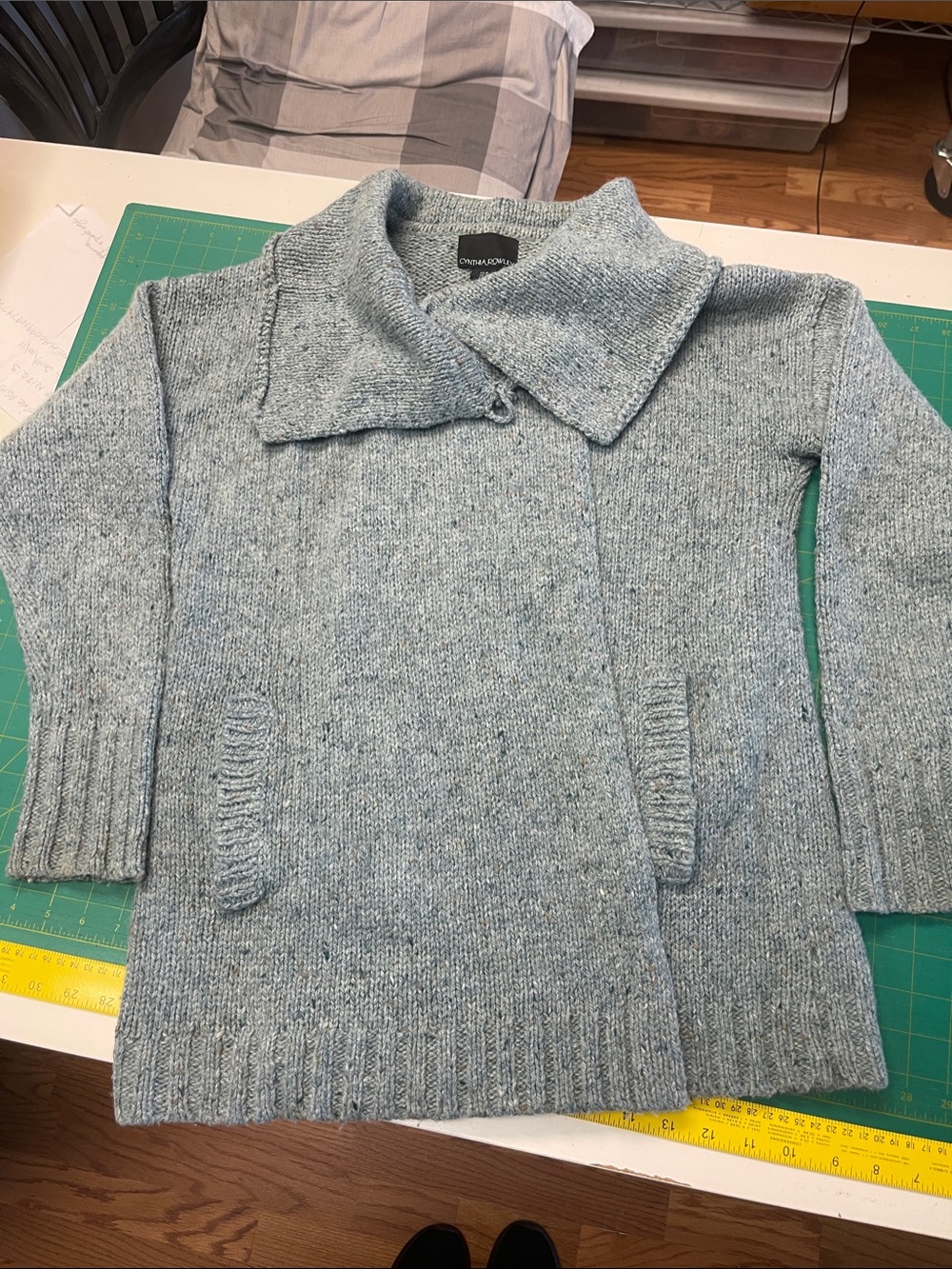 Cynthia Rowley Heathered Light Blue Asymmetric Shawl Collared Knit Cardigan
